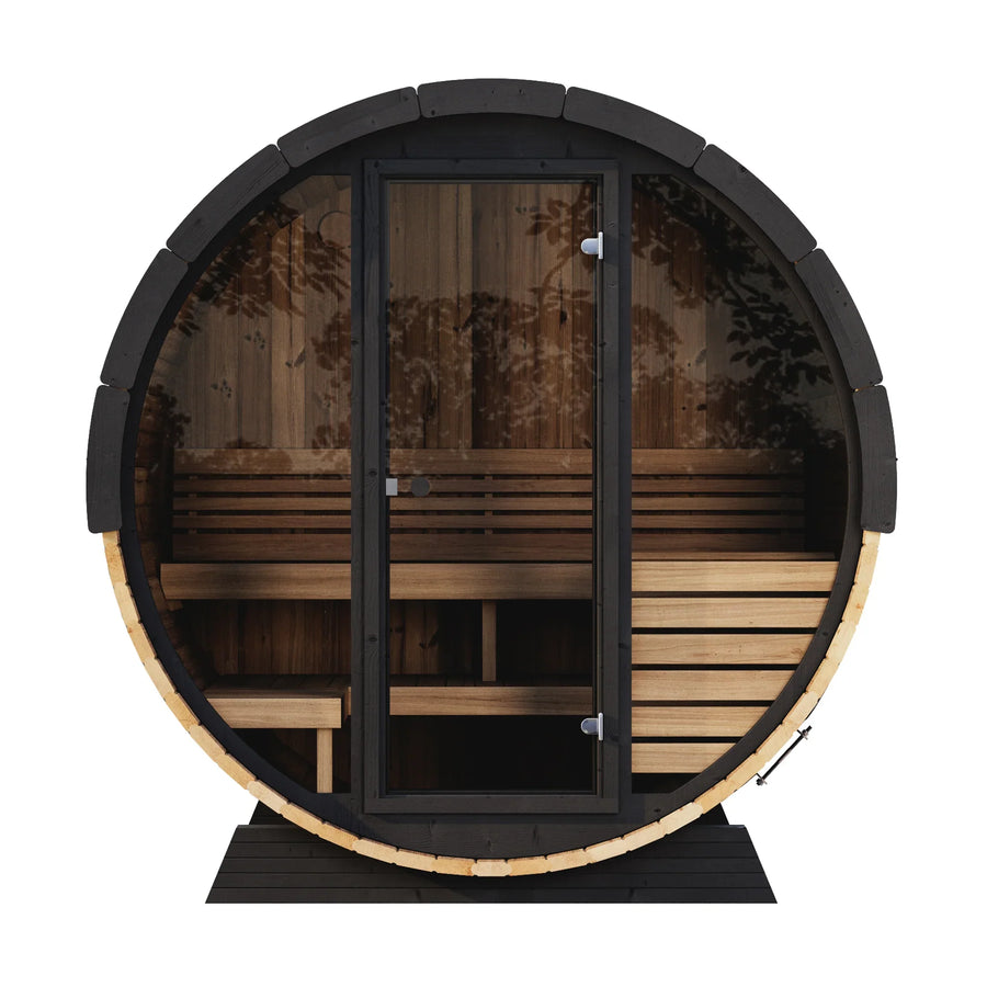Front view of the SaunaLife Model EE6G 4 Person Barrel Sauna by SaunaLife, featuring a glass door and wooden benches in a round design, ideal as a stylish home sauna. Set against a white background.