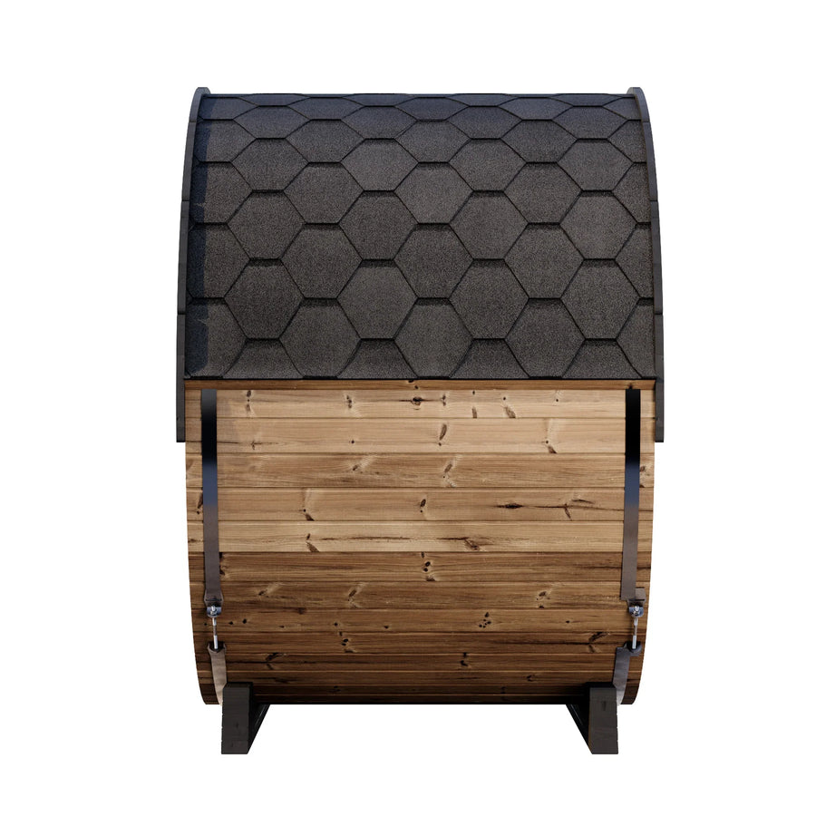 The SaunaLife Model EE6G 4 Person Barrel Sauna features a curved shingled roof, vertical metal bands, and visible wood grain, adding classic charm to your outdoor space. Seen from the front. Brand: SaunaLife.