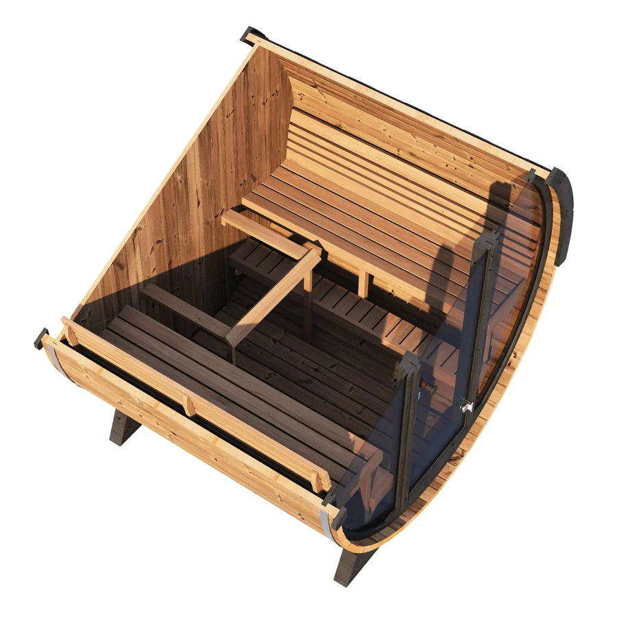 The SaunaLife Model EE8G 6 Person Barrel Sauna by SaunaLife features a curved wooden design, transparent front, and two facing bench seats. Shown from above with a partial side cutaway for interior visibility.