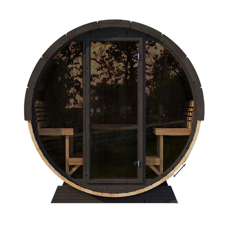 Front view of the SaunaLife Model EE8G 6 Person Barrel Sauna by SaunaLife, featuring a glass door, two benches, and a dark exterior—perfect as a backyard sauna or relaxing home retreat.