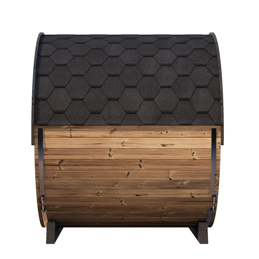 The SaunaLife Model EE8G 6 Person Barrel Sauna by SaunaLife is a small, barrel-shaped outdoor sauna with a curved, hex-patterned shingled roof, horizontal wood panels, and short supports, shown from the side.