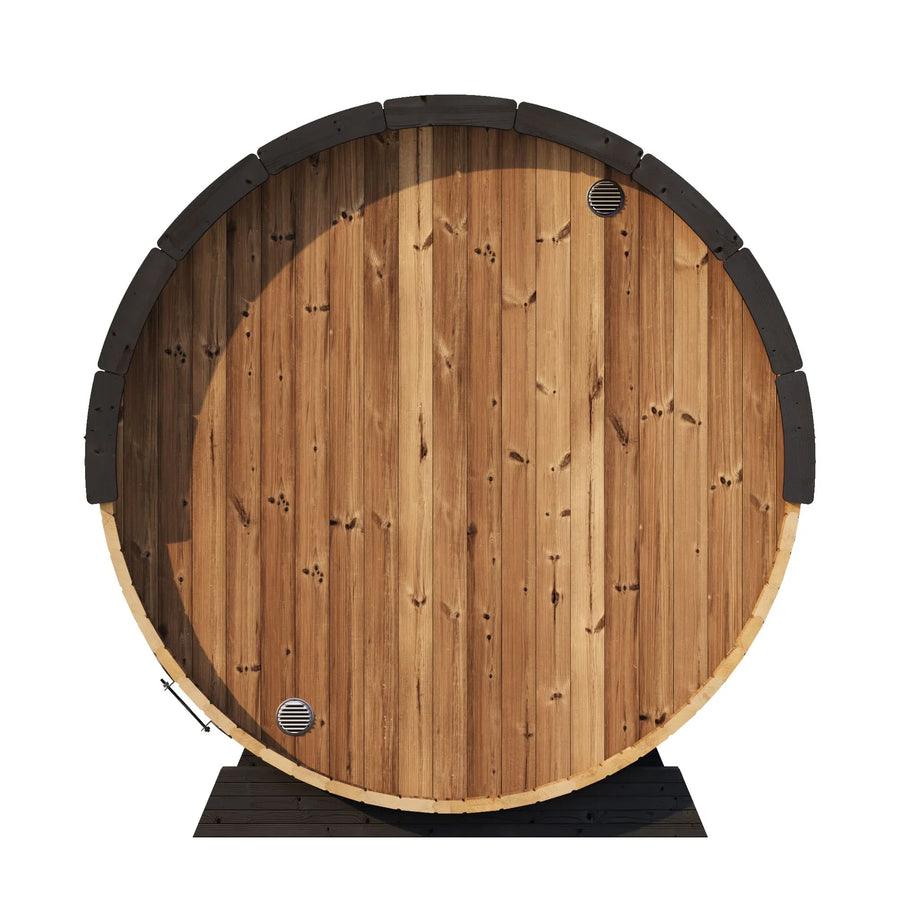 The SaunaLife Model EE8G 6 Person Barrel Sauna features a large, round design with vertical wooden planks, black trim on the top edge, and two ventilation grilles, shown front-facing against a white background.