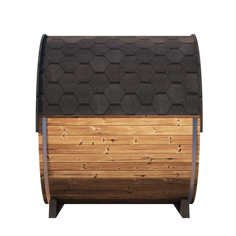 The SaunaLife Model EE8G 6 Person Barrel Sauna features a barrel shape, dark shingled roof, and vertical wood planks on the front, offering a cozy backyard sauna experience. Shown from the front against a white background.