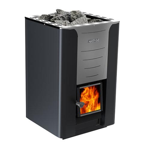 The Harvia PRO 36 Sauna Stove by Harvia features a sleek black and silver design with a glass door showing the fire inside and neatly arranged rocks on top.