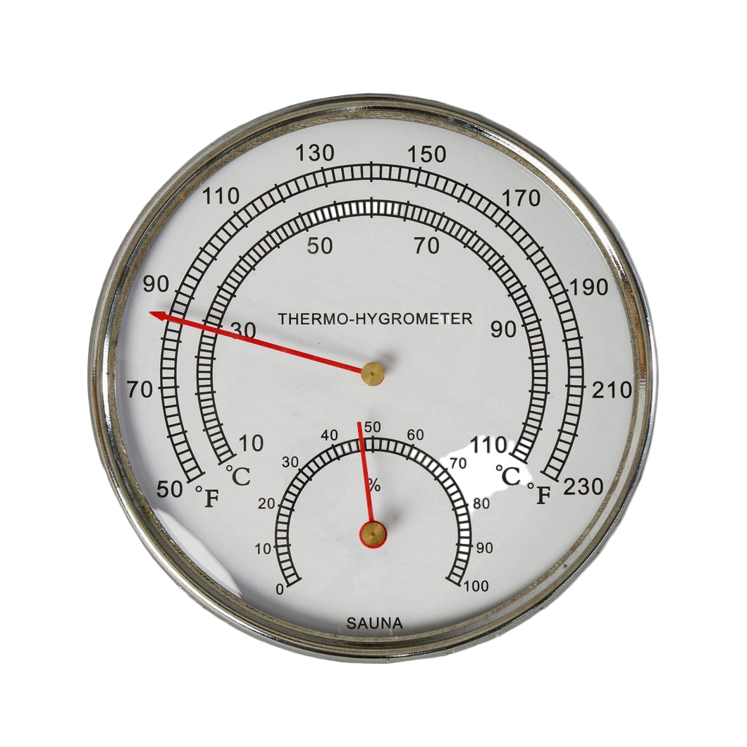 The Almost Heaven Sauna Thermometer - 4" Chrome shows temperature in °C/°F and humidity in %. The display reads 92°C (198°F) and 28% humidity. Device is labeled "SAUNA." Brand: Almost Heaven.