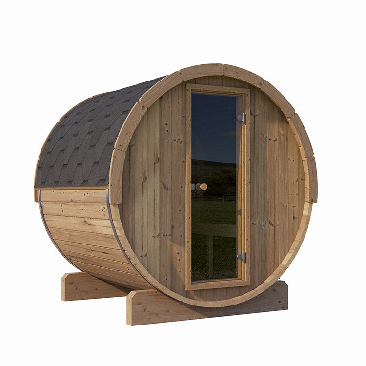 The SaunaLife 4-Person E7 ERGO Series Barrel Sauna by SaunaLife features a shingled roof, glass door, and sturdy wooden supports, presented on a plain white background for ultimate comfort.