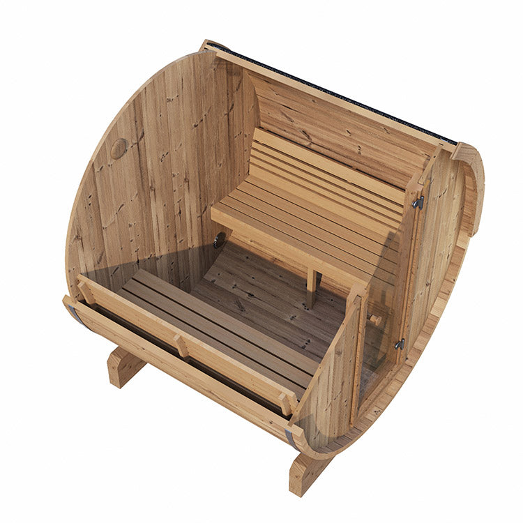 The SaunaLife 4-Person E7 ERGO Series Barrel Sauna features two opposing slatted benches for comfort, is supported by sturdy wooden legs, and is crafted entirely from natural wood for outdoor relaxation.