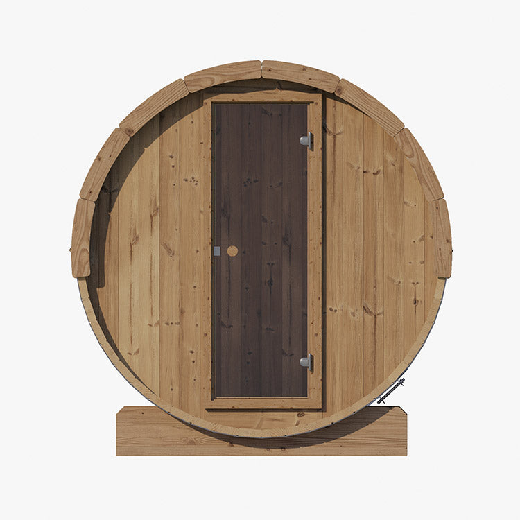 The SaunaLife 4-Person E7 ERGO Series Barrel Sauna features a classic round design with a central vertical dark door, set on a wooden base. This cozy outdoor sauna by SaunaLife stands out against a simple white background.