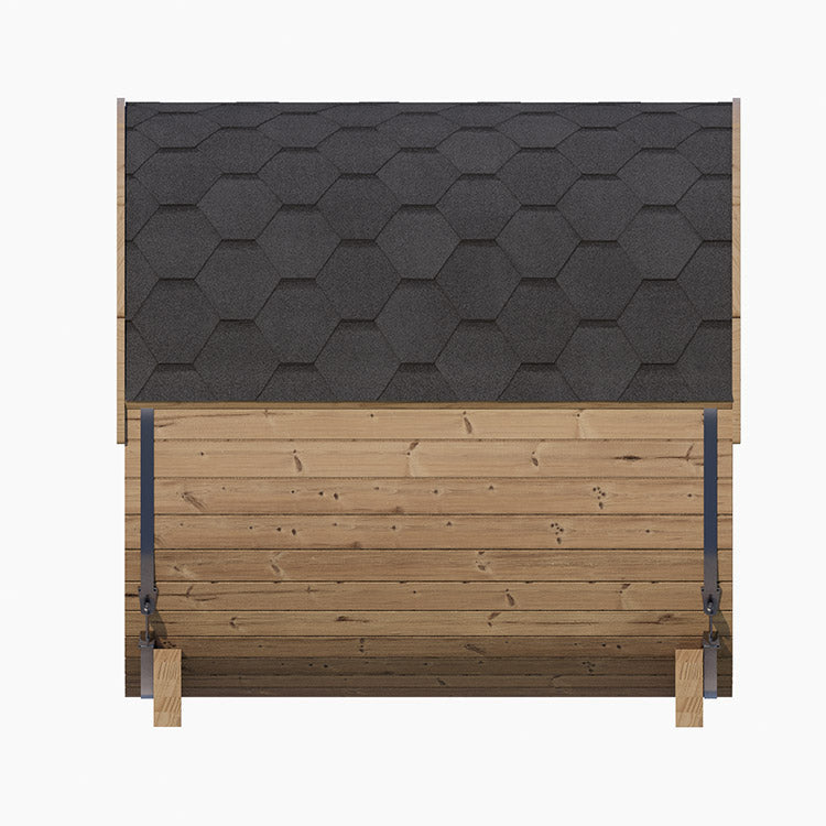 The SaunaLife 4-Person E7 ERGO Series Barrel Sauna features a wooden build, dark hexagon-patterned shingled roof, metal brackets, and small wooden legs—showcasing its signature design by SaunaLife against a plain white background.