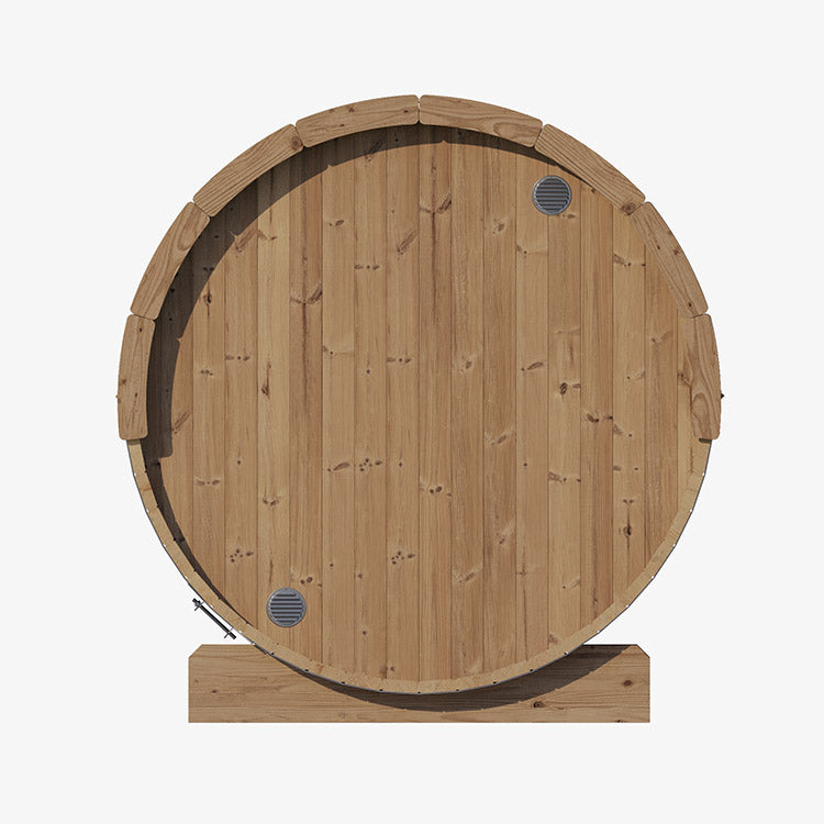 The SaunaLife 4-Person E7 ERGO Series Barrel Sauna stands upright on a sturdy wooden base, featuring a smooth natural wood finish and two small circular metal vents for optimal outdoor comfort.