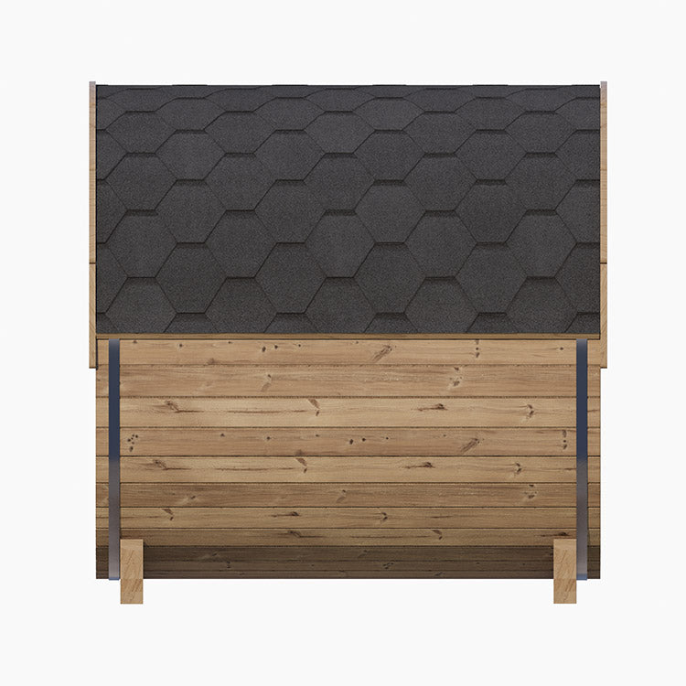 The SaunaLife 4-Person E7 ERGO Series Barrel Sauna by SaunaLife features a slanted, dark hexagonal shingle roof and horizontal wood paneling on two short legs, highlighting inviting barrel sauna comfort against a plain white background.
