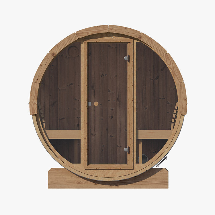 Experience premium comfort with the SaunaLife 4-Person E7 ERGO Series Barrel Sauna—a stylish wood outdoor sauna by SaunaLife, featuring a glass front door, interior benches, and a light wood finish on a plain white background.