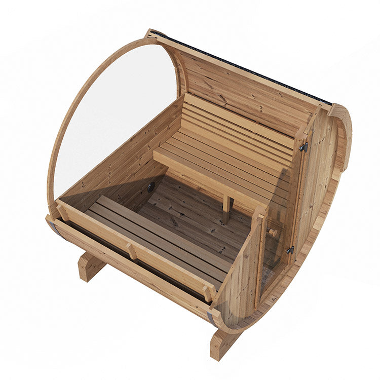 The SaunaLife 4-Person E7 ERGO Series Barrel Sauna by SaunaLife features a light-colored wood barrel design, clear glass front, two opposing bench seats, and wooden floor for ultimate outdoor sauna comfort.