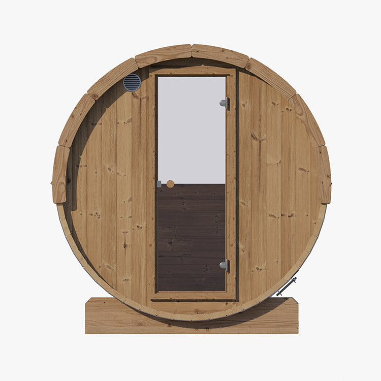 The SaunaLife 4-Person E7 ERGO Series Barrel Sauna by SaunaLife features a rounded wooden design, central glass door, and left-side ventilation, shown against a plain white background for the ultimate barrel sauna comfort.