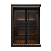 The SaunaLife Model GL4 4 Person Garden Luxury Series Outdoor Sauna Kit features a modern rectangular Scandinavian design with dark Thermo-Spruce panels, glass double doors, soft interior lighting, wooden benches, and a corner heater.