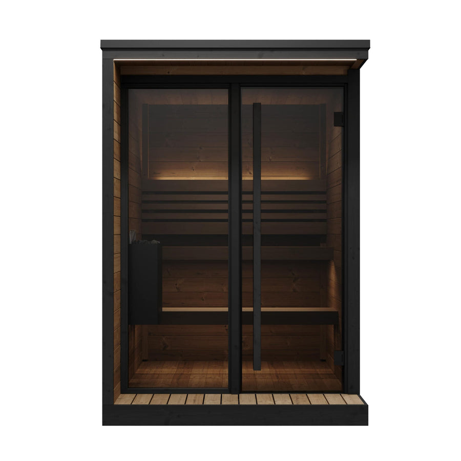 The SaunaLife Model GL4 4 Person Garden Luxury Series Outdoor Sauna Kit features a modern rectangular Scandinavian design with dark Thermo-Spruce panels, glass double doors, soft interior lighting, wooden benches, and a corner heater.