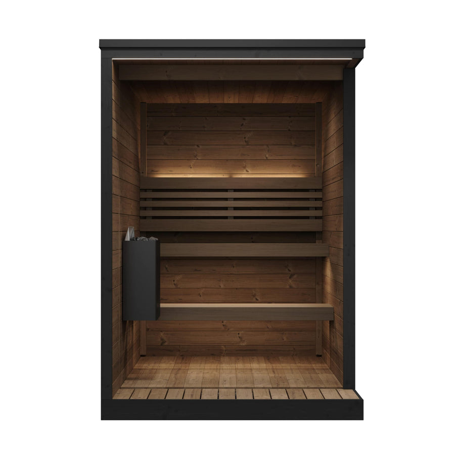 The SaunaLife Model GL4 4 Person Garden Luxury Series Outdoor Sauna Kit features dark Thermo-Spruce wood walls and benches, warm built-in lighting, a black left-wall heater, and a sleek rectangular Scandinavian-inspired design.