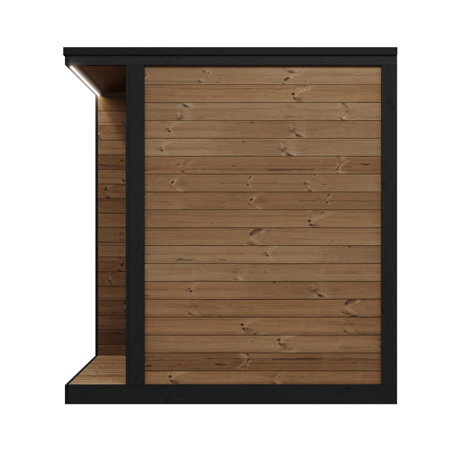 The SaunaLife Model GL4 4 Person Garden Luxury Series Outdoor Sauna Kit features modern horizontal wood planks, black trim, a covered entry with overhang, and built-in lighting for a sleek Scandinavian-inspired look.