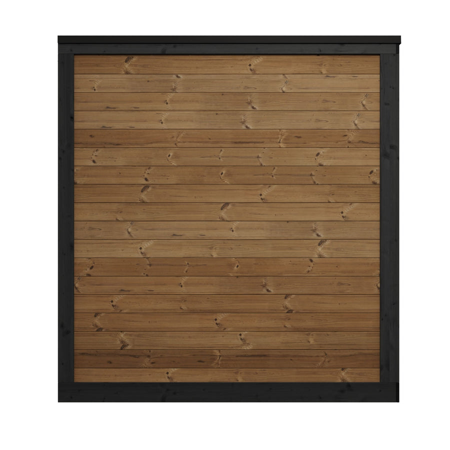 The SaunaLife Model GL4 4 Person Garden Luxury Series Outdoor Sauna Kit features a square wooden panel with horizontal planks and a dark black frame, inspired by Scandinavian sauna design, shown front view on a white background.