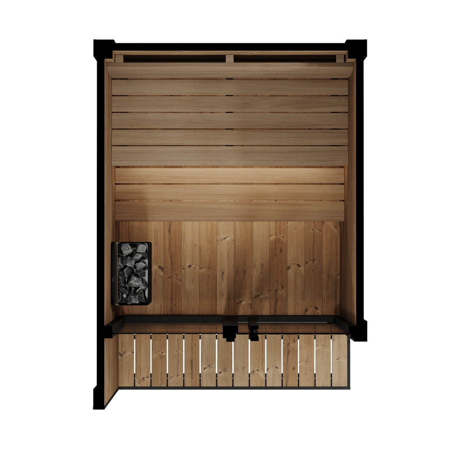 Top-down view of the SaunaLife Model GL4 4 Person Garden Luxury Series Outdoor Sauna Kit, featuring a bench along one wall and a rock-filled heater. The wood planks highlight classic Scandinavian sauna warmth and style.