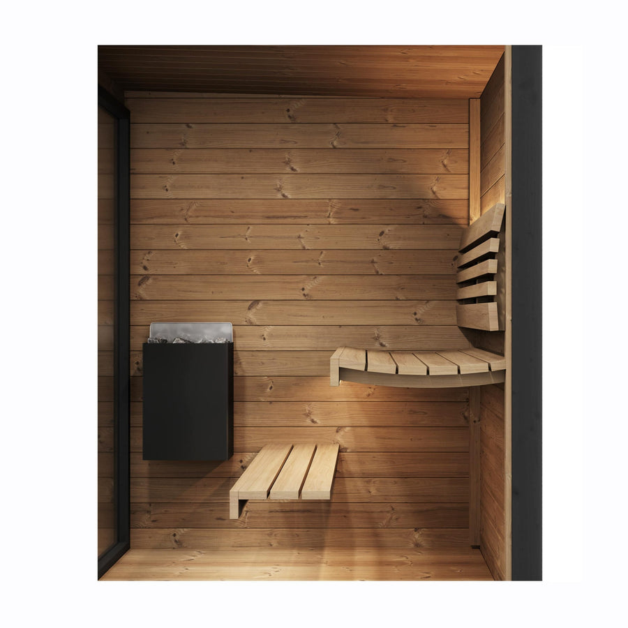 The SaunaLife Model GL4 4 Person Garden Luxury Series Outdoor Sauna Kit features a modern Scandinavian design with two floating benches on adjacent walls, a black corner electric heater, and light-toned wood throughout for a clean, inviting look.