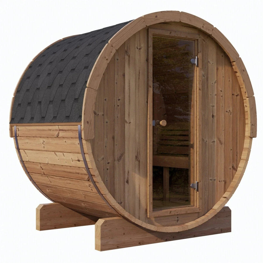 The SaunaLife Model E6 3 Person Barrel Sauna by SaunaLife features an ergonomic wooden design, circular ends, shingled roof, glass door, and sturdy base supports—all shown against a plain white background.