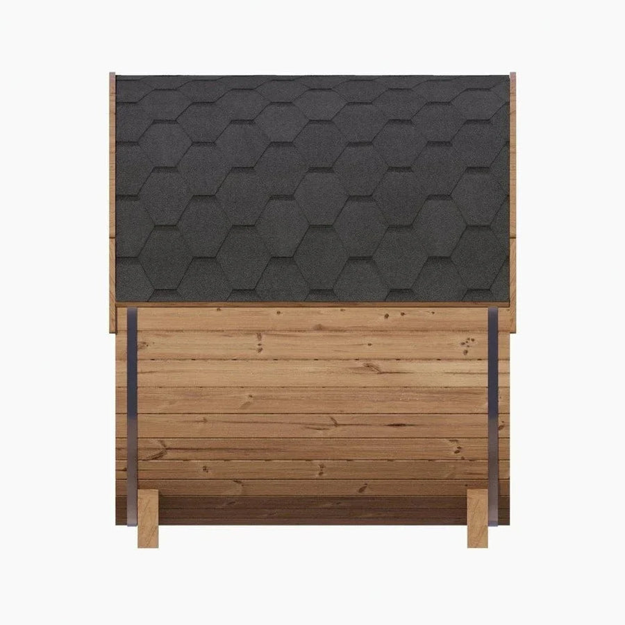 The SaunaLife Model E6 3 Person Barrel Sauna by SaunaLife features a sloped roof with dark hexagonal shingles, horizontal wooden planks, and sturdy legs for durable, ergonomic outdoor relaxation.