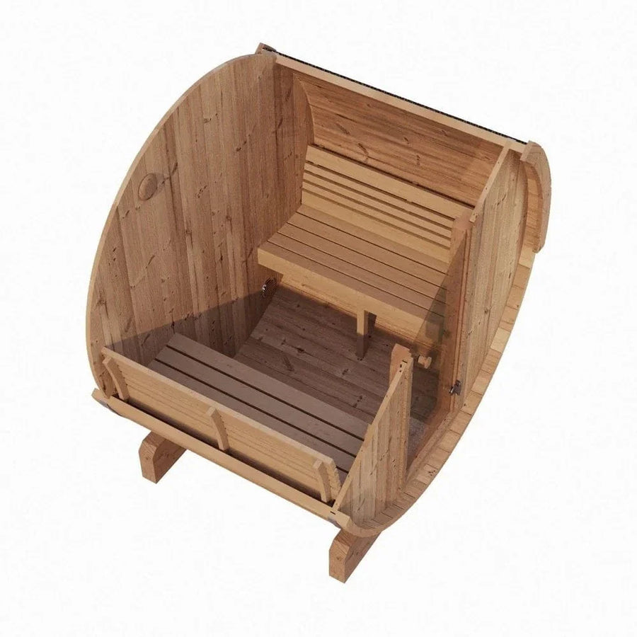 The SaunaLife Model E6 3 Person Barrel Sauna by SaunaLife features a sturdy wooden barrel design with ergonomic benches on both sides, as seen from above, highlighting its inviting interior and solid construction.