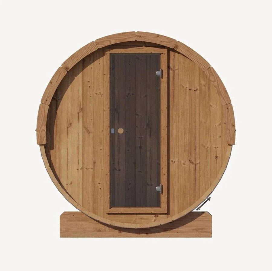 The SaunaLife Model E6 3 Person Barrel Sauna by SaunaLife is a wooden, barrel-shaped outdoor sauna with an ergonomic design and a central vertical rectangular door, shown front-facing on a white background.