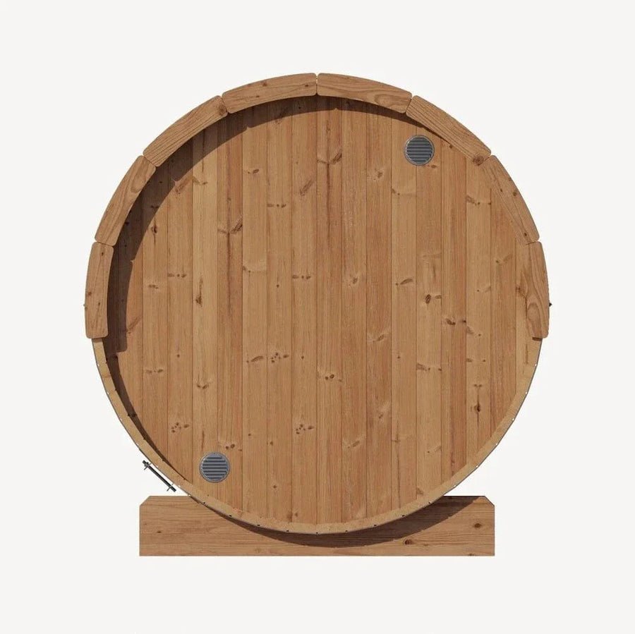 The SaunaLife Model E6 3 Person Barrel Sauna by SaunaLife features a large, round wooden design with vertical planks, two small circular vents, and a flat wooden base, shown against a plain white background.