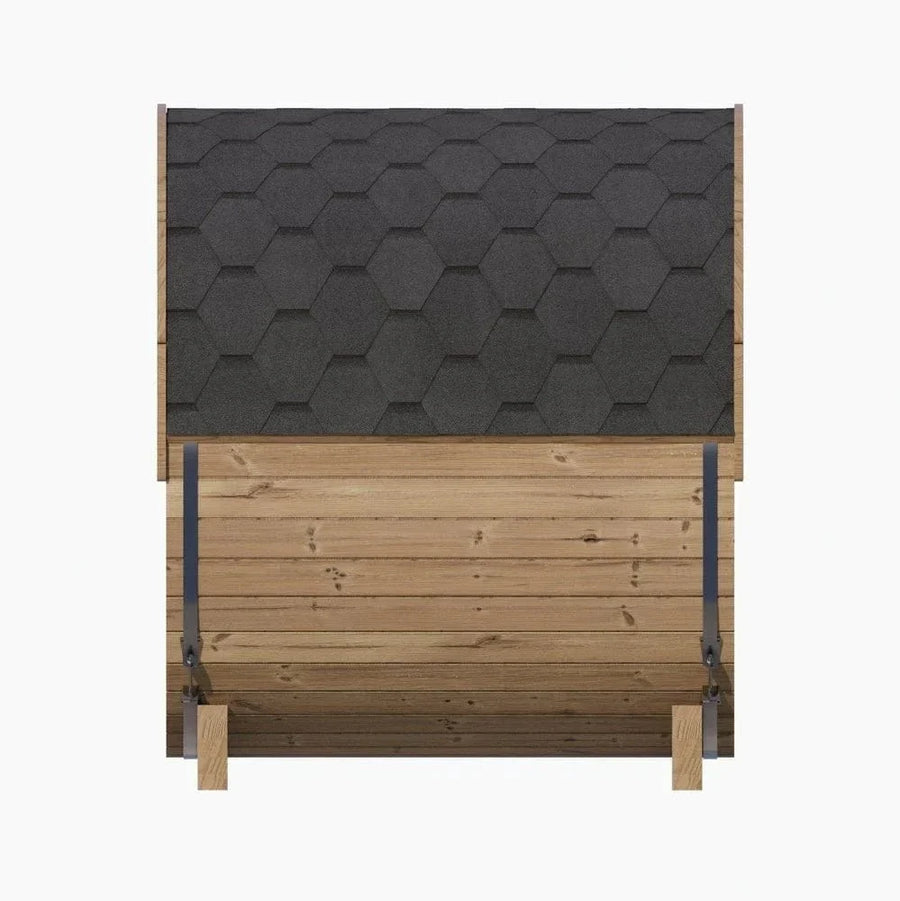 The SaunaLife Model E6W 3 Person Sauna Barrel-Window by SaunaLife is a compact Thermo-Spruce structure with a slanted, dark hexagonal-shingled roof and vertical metal supports, shown from the front against a white background.
