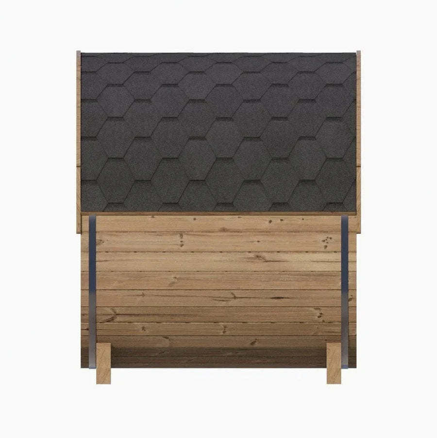 The SaunaLife Model E6W 3 Person Sauna Barrel-Window features durable Thermo-Spruce construction and a roof, inspired by the ERGO-Series outdoor barrel sauna design.