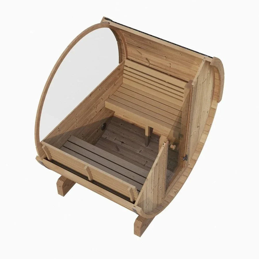 The SaunaLife Model E6W 3 Person Sauna Barrel-Window features a curved transparent front, interior bench seating, and a small wooden table. Shown from above on a white background.