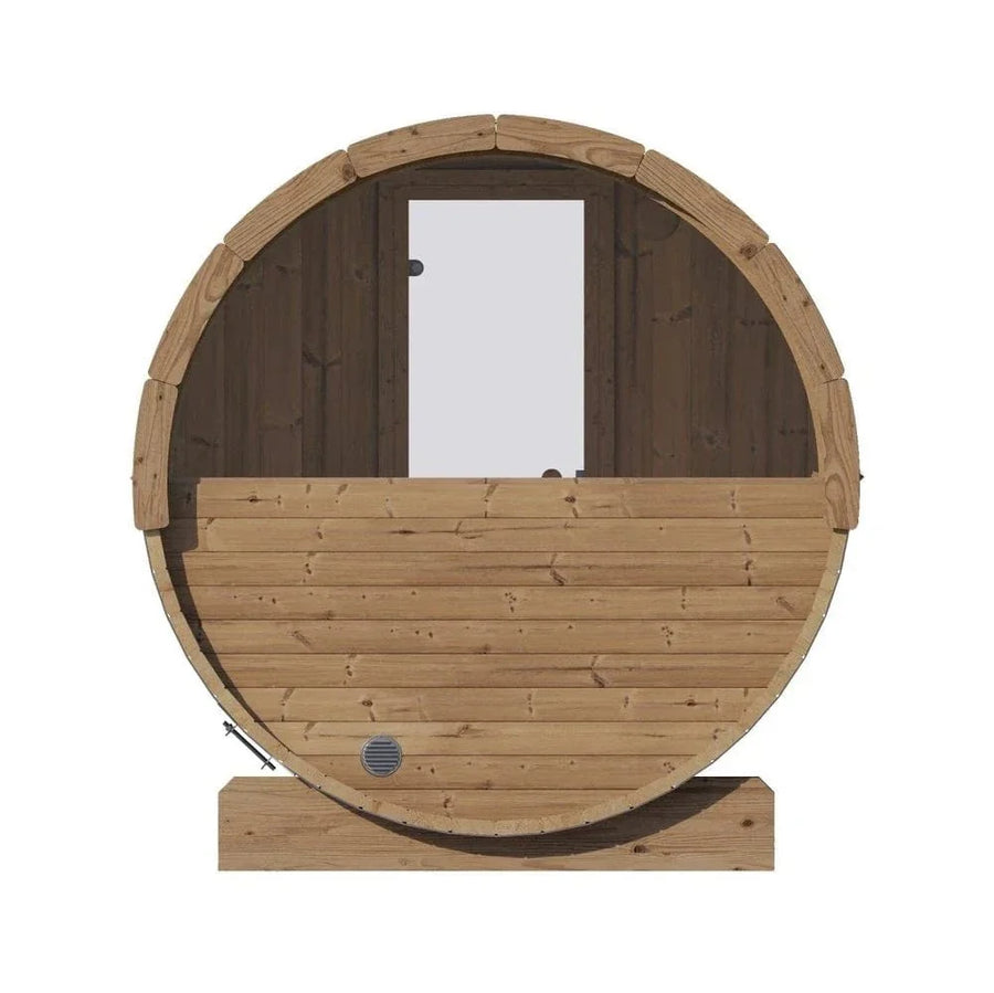 Front view of the SaunaLife Model E6W 3 Person Sauna Barrel-Window, crafted by SaunaLife in Thermo-Spruce with natural wood grain and knots; features a central door and window on a wooden base against a white background.