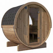 The SaunaLife Model E6W 3 Person Sauna Barrel-Window features durable Thermo-Spruce wood, a shingled roof, clear glass door, curved benches visible through the entryway, and sits on two sturdy wooden supports.