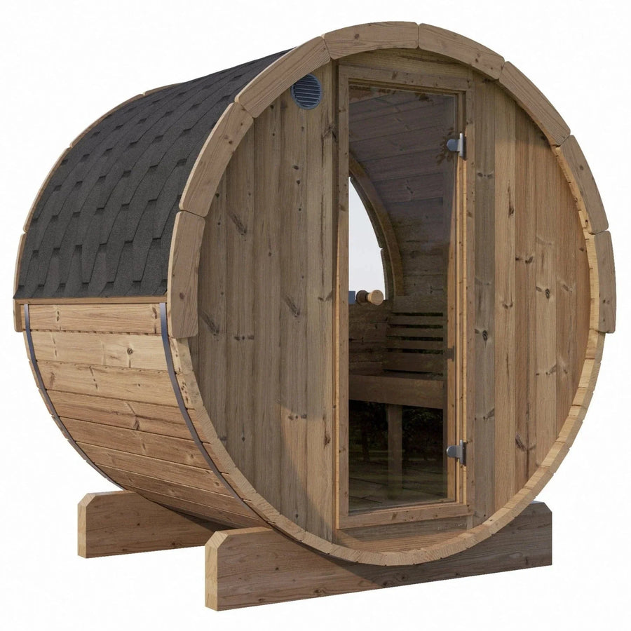 The SaunaLife Model E6W 3 Person Sauna Barrel-Window features durable Thermo-Spruce wood, a shingled roof, clear glass door, curved benches visible through the entryway, and sits on two sturdy wooden supports.