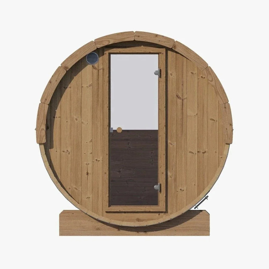 The SaunaLife Model E6W 3 Person Sauna Barrel-Window is a round, barrel-shaped Thermo-Spruce sauna with a central glass door, upper-left vent, and wood grain detail, set on a wooden base against a plain white background.