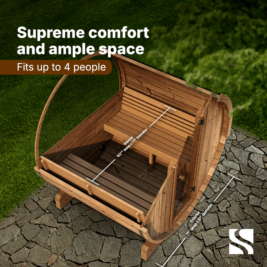 The SaunaLife Model E7W 4 Person Sauna Barrel-Window, by SaunaLife, is a wooden outdoor seating pod inspired by sauna barrels. It features a table, two benches, and comfortably seats up to 4 people on your lawn or stone patio. White lines show seating dimensions.