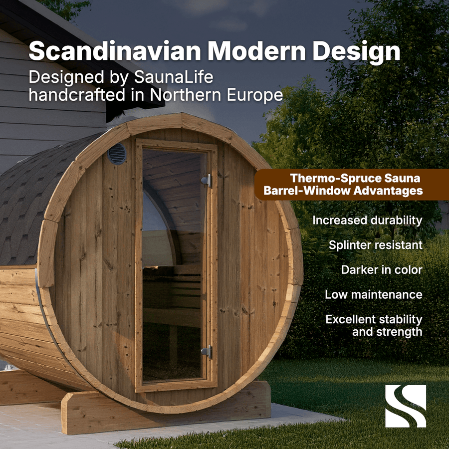The SaunaLife Model E7W 4 Person Sauna Barrel-Window is a Scandinavian modern outdoor sauna by SaunaLife, made in Northern Europe with ergonomic cylindrical design, a glass door, and thermo-spruce barrel-window construction.