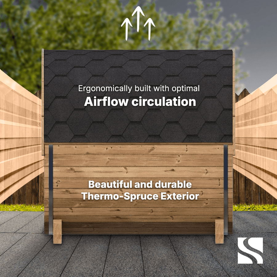 The SaunaLife Model E7W 4 Person Sauna Barrel-Window is shown outdoors between two fences, featuring a dark shingled roof labeled "Airflow Circulation" and wood marked "Thermo-Spruce Exterior," with white arrows above showing airflow.