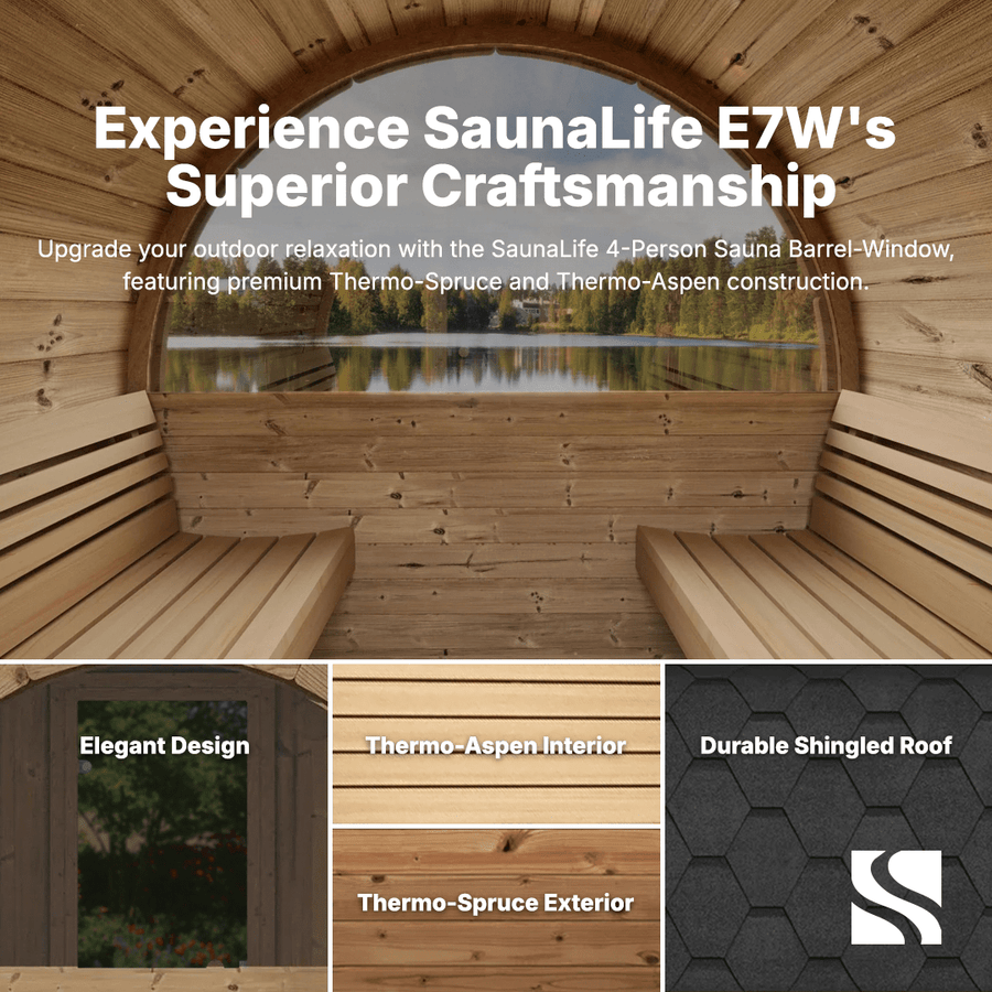 Interior of the SaunaLife Model E7W 4 Person Sauna Barrel-Window with benches and a round window overlooking the forest. Features include elegant design, Thermo-Aspen interior, Thermo-Spruce exterior, and a durable shingled roof.