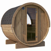 The SaunaLife Model E7W 4 Person Sauna Barrel-Window by SaunaLife features a wooden barrel design, shingled roof, glass door, and sturdy base—shown from the front on a white background for an ergonomic sauna experience.