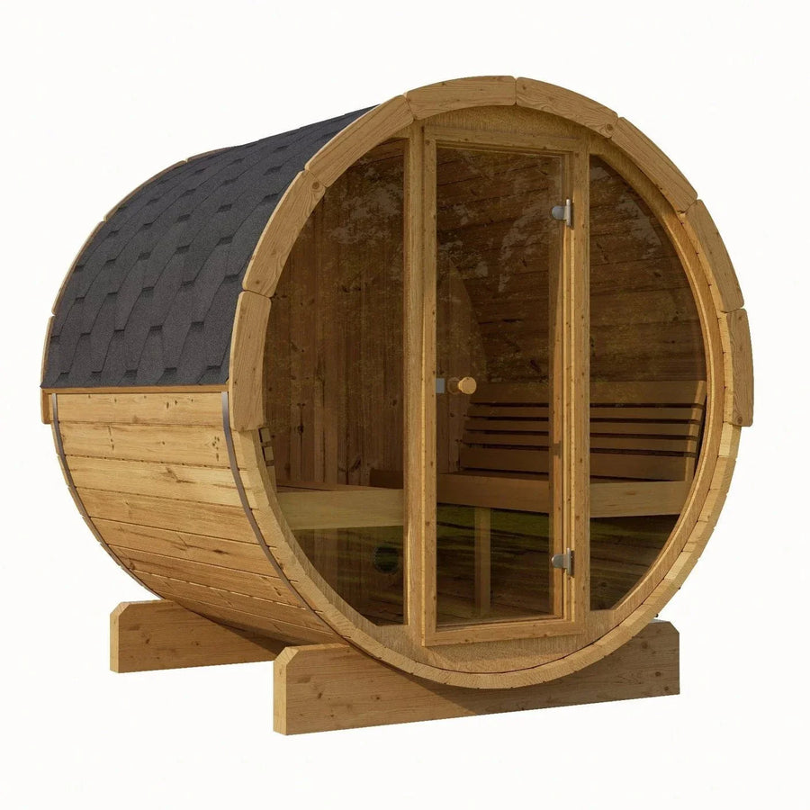 The SaunaLife Model E8 6 Person Barrel Sauna by SaunaLife features a wooden barrel shape, shingled roof, glass door, ergonomic interior bench, and rests on two sturdy wooden supports for an exceptional outdoor sauna experience.