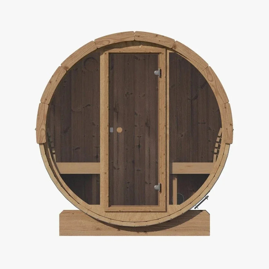 The SaunaLife Model E8 6 Person Barrel Sauna by SaunaLife features a circular front-facing design with a central glass door, ergonomic side benches, and is shown against a plain white background.