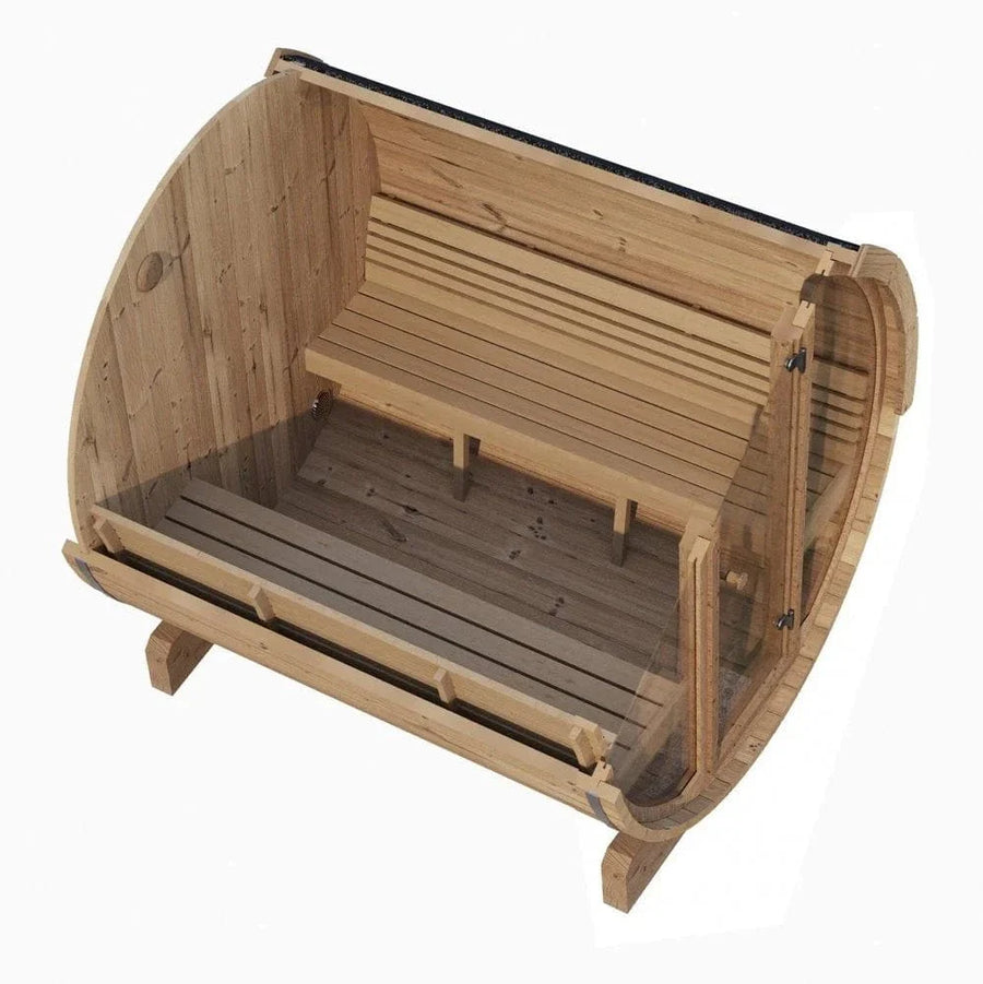 The SaunaLife Model E8 6 Person Barrel Sauna features a glass front, wood paneling, ergonomic benches on both sides, and a gently curved roof, offering the comfort and quality typical of premium SaunaLife barrel saunas.