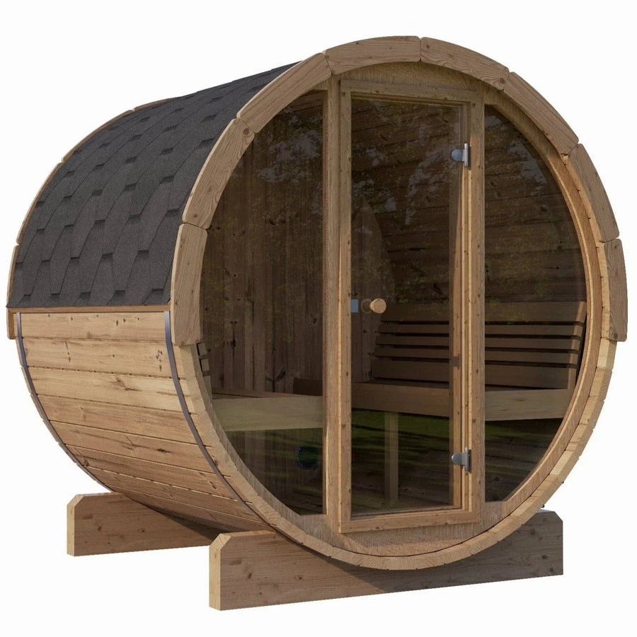 The SaunaLife Model E8 6 Person Barrel Sauna by SaunaLife features a barrel-shaped wood design, shingled roof, glass door, and ergonomic bench seating inside. It is displayed on a wooden base against a plain background.