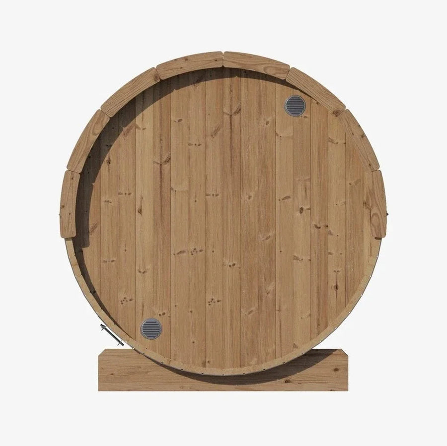 The SaunaLife Model E8 6 Person Barrel Sauna by SaunaLife features a large, round design with vertical wooden planks, two small circular vents, and sits on a rectangular base—shown from the front against a plain white background.