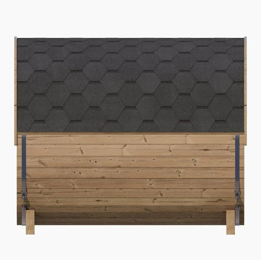 The SaunaLife Model E8 6 Person Barrel Sauna by SaunaLife features horizontal wooden planks, a dark hexagonal shingle roof, and visible metal brackets on both sides, shown from the front against a plain white background.