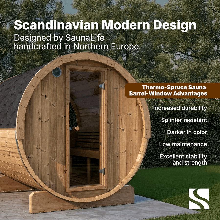 The SaunaLife Model E8W 6 Person Sauna Barrel-Window stands outdoors on grass with trees behind, showcasing its modern Scandinavian design and durable, low-maintenance Thermo-Spruce wood.
