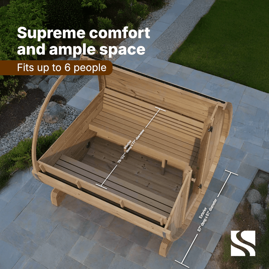 The SaunaLife Model E8W 6 Person Sauna Barrel-Window by SaunaLife is displayed on a stone patio with a curved canopy, comfortably fitting up to 6 people. Text features highlight “Supreme comfort and ample space.”.
